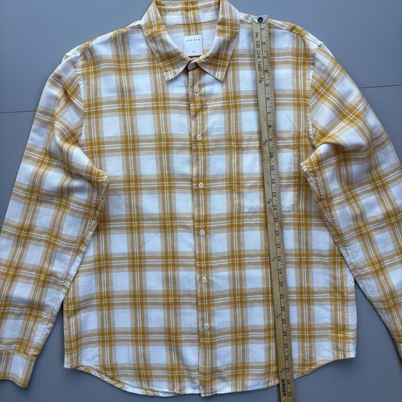 Sandro Paris Men XL Tartan Check Plaid Button Up Shirt Linen Cotton Yellow White - Picture 5 of 10